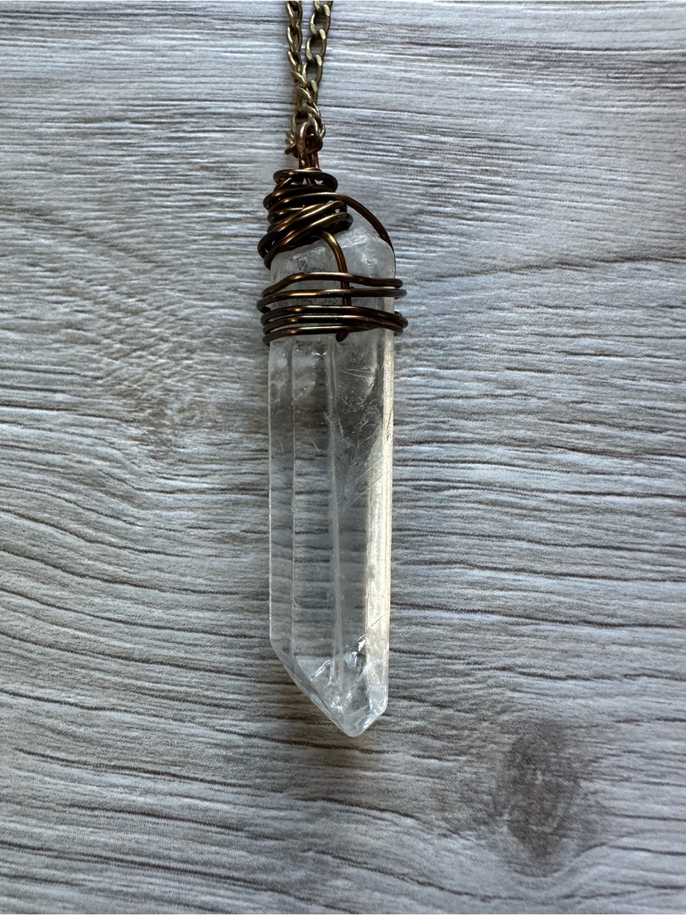 Clear Quartz Point Pendant Necklace - Brass Wire Wrapped Boho 34” Brass Chain